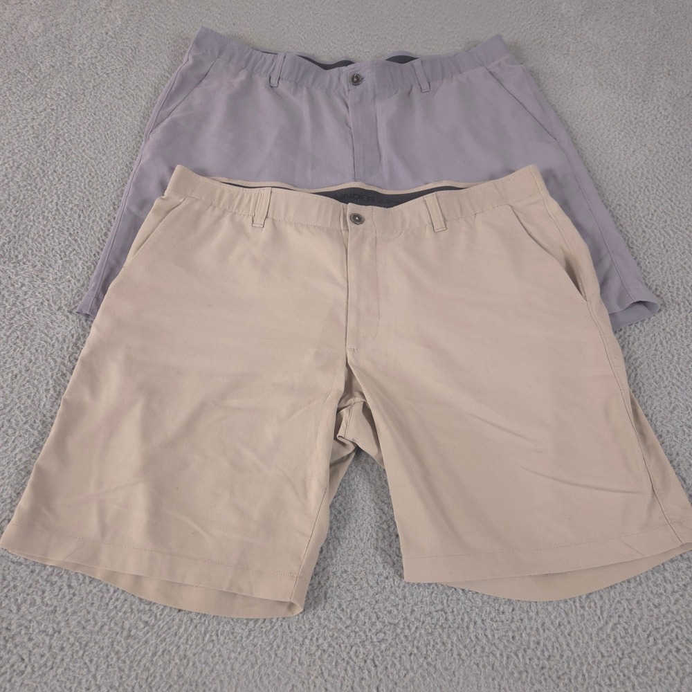 LOT OF 2 Under Armour Shorts Mens 42 Tan Gray Showdown Golf Nylon Stretch 10"